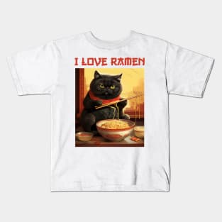 Quirky Chubby Kitty Cat Eating Ramen - I Love Ramen Kids T-Shirt